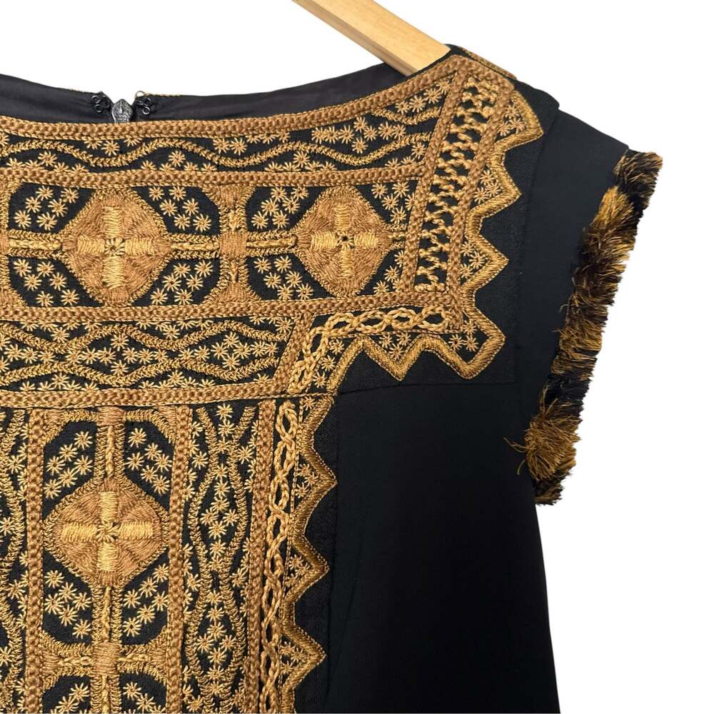 Etro Black Gold Boho Embroidered Tassel Pleated Cap Sleeve Mini Dress Size 4 - Picture 5 of 14